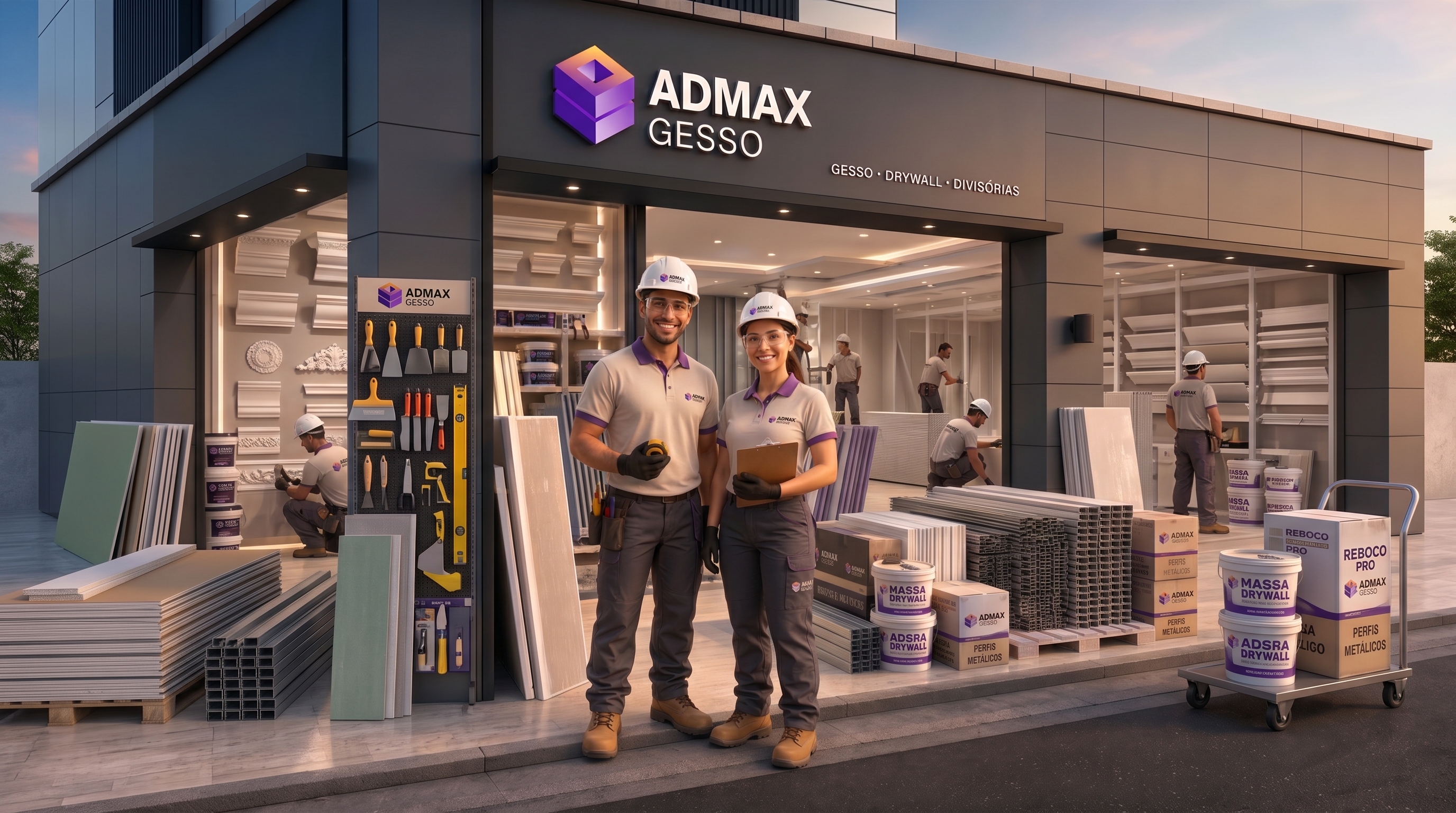 Equipe da Admax Gesso instalando parede de drywall em obra comercial